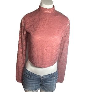 CALLLIOP LACE PINK CROPPED TOP LONG SLEEVES HIGH NECK BUTT BACK